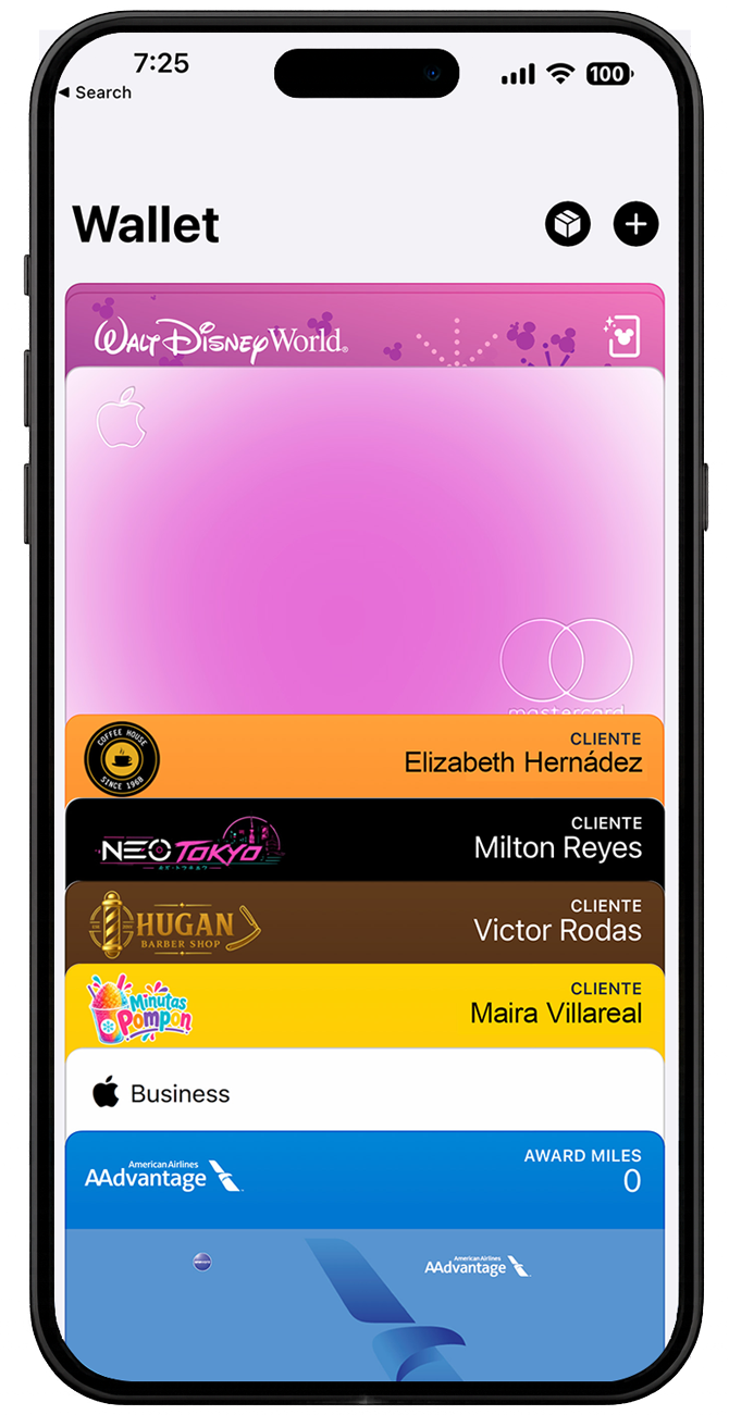Apple Wallet con tarjetas Pixflu